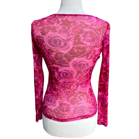 Y2K Sheer Long Sleeve Mesh Floral Top Pink Whimsigoth Fairy Grunge Coquette-S - Picture 6 of 9